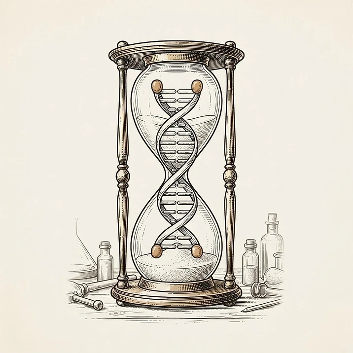 Illustration of an hourglass containing a DNA helix with telomere caps