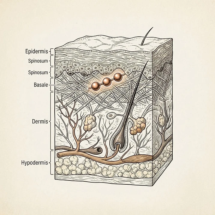 Illustration of a copper peptide nestled in layered skin