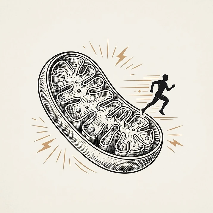 Illustration of a mitochondrion with motion lines and a running figure