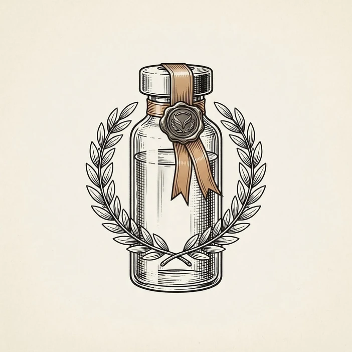 Illustration of a pharmacy vial with a laurel wreath and seal