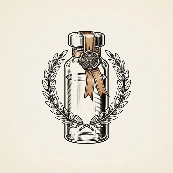 Illustration of a pharmacy vial with a laurel wreath and seal