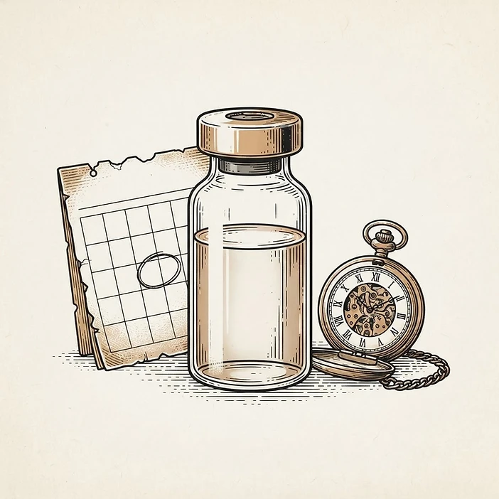 Illustration of bacteriostatic water shelf life with a calendar and pocket watch