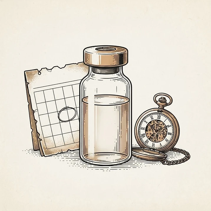 Illustration of bacteriostatic water shelf life with a calendar and pocket watch