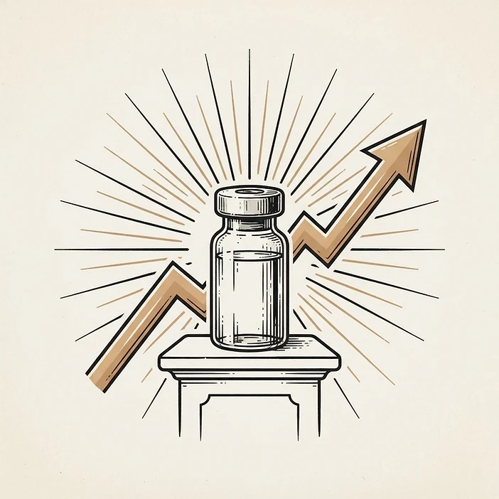 Illustration of a trending research vial on a pedestal with rising arrow