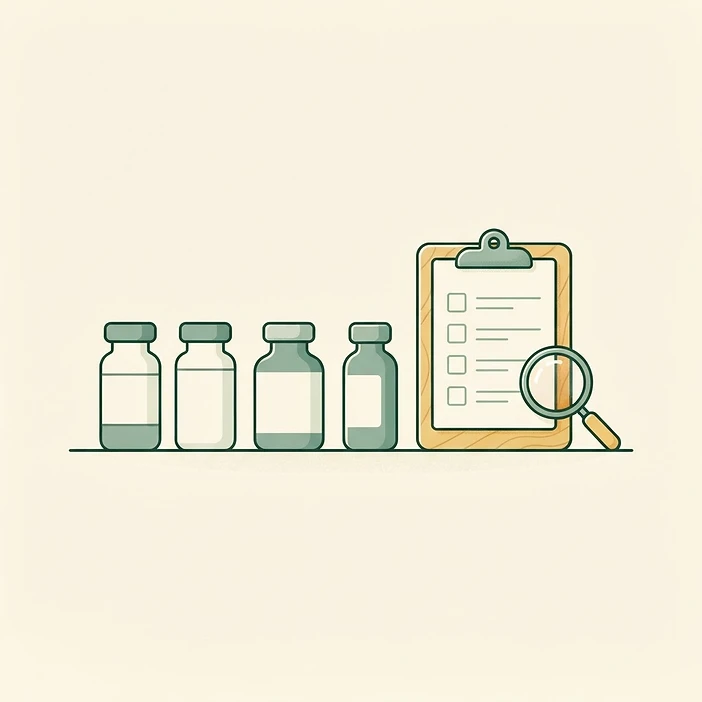 Illustration of a row of vials beside a checklist and a magnifying glass