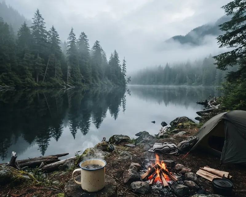Misty Pacific Northwest lake at dawn with evergreens and a campfire