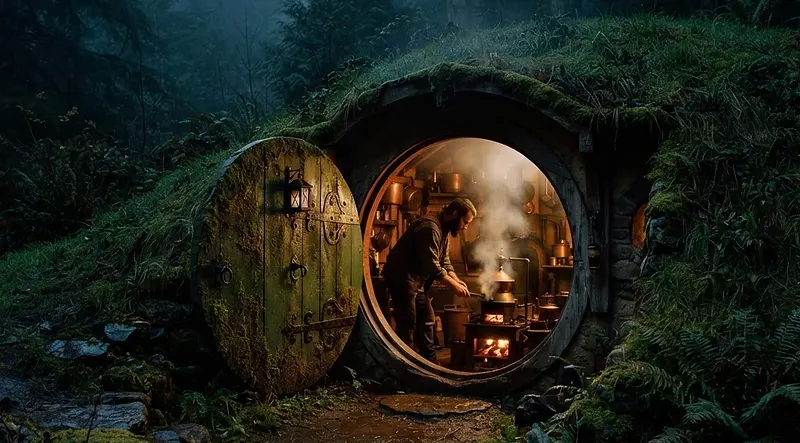 A mossy hobbit-style door, warm light spilling out, a figure roasting coffee within