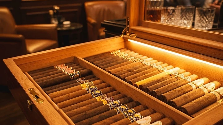 A premium humidor filled with cigars