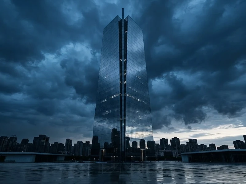 Modern glass skyscraper reflecting a stormy blue sky at dawn
