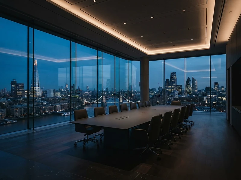 Minimalist boardroom overlooking a modern European city at dusk