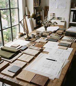 The Pure design studio with material samples and sketches
