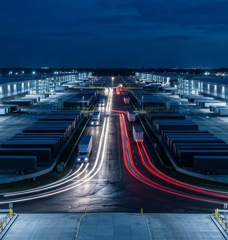 Freight terminal alive with long-exposure light trails at dusk