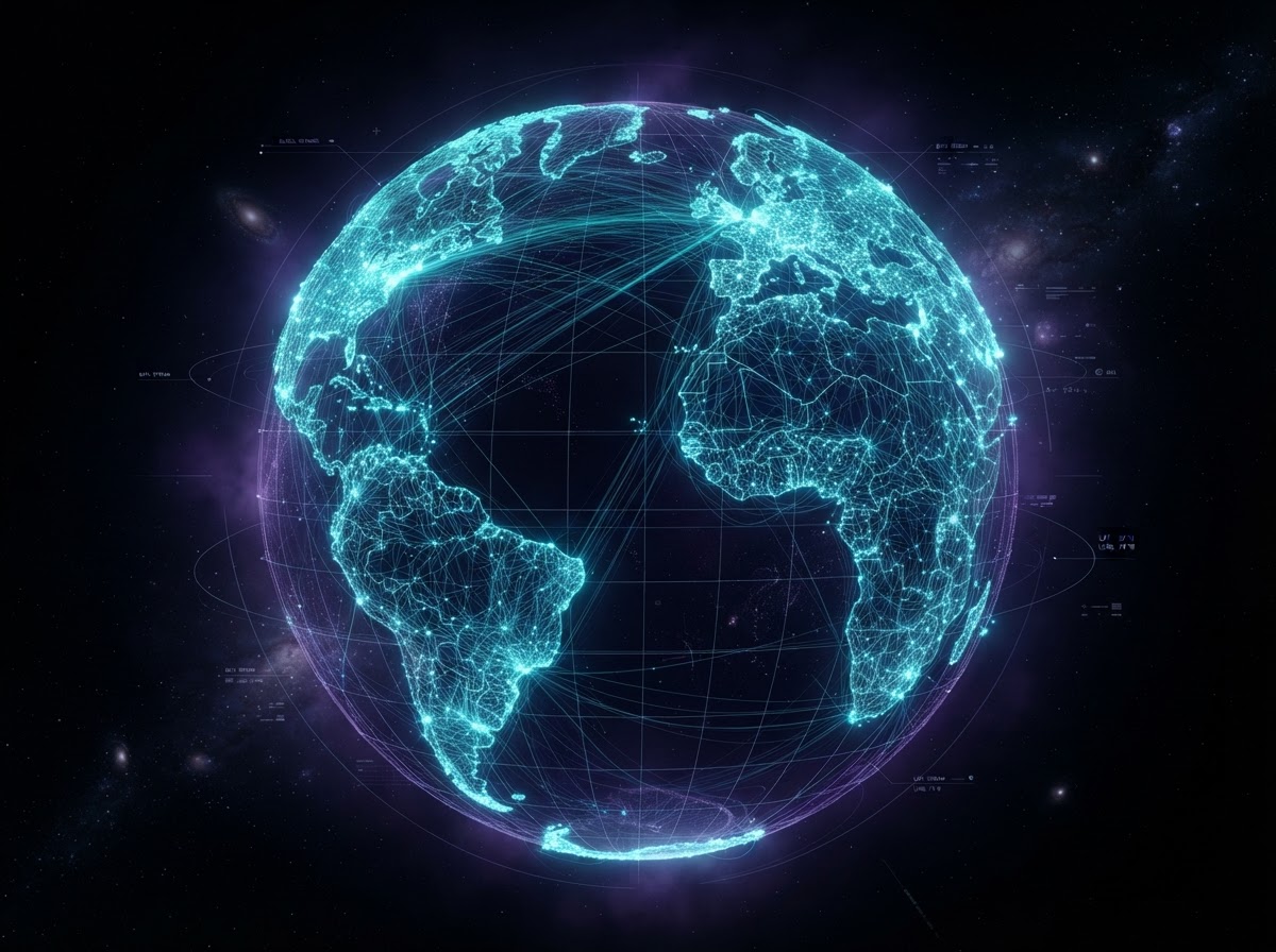 Wireframe globe with connected nodes