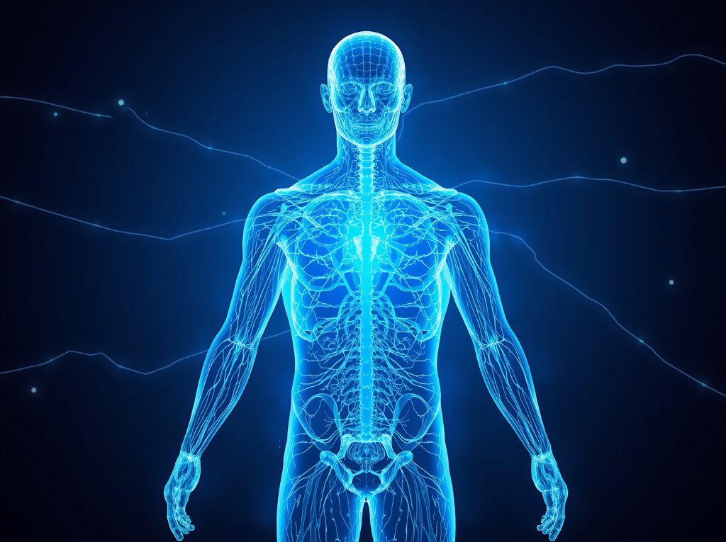 A glowing blue digital representation of the human nervous system
