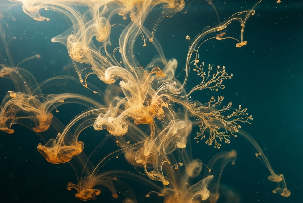Golden ink swirling in water, symbolising fluid change in the unconscious