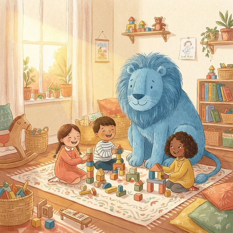 A friendly blue lion in a cozy, sunlit playroom with happy children