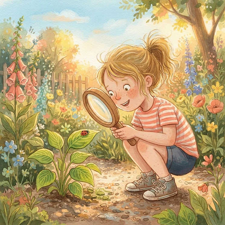 A child discovering a ladybug with a magnifying glass