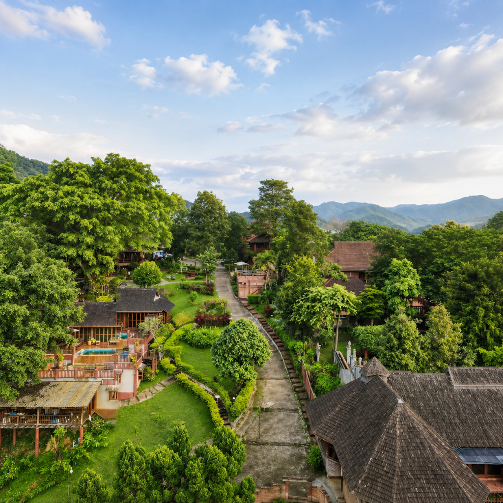Insda Wellness Resort nestled in a lush tropical valley with greenery, pathway, and mountain backdrop in Hang Dong, Chiang Mai