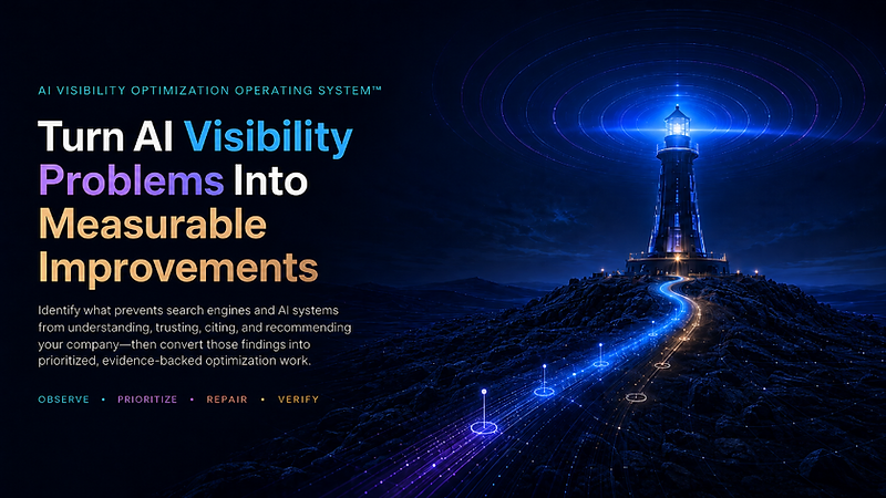 Lighthouse illuminating the Beacon Optimizer pathway from website audit through prioritized improvement and verification.