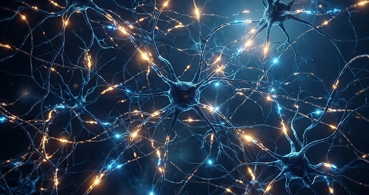 Floresta de neurônios — rede densa de células nervosas e sinapses brilhantes