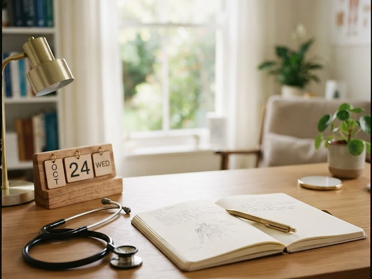 Mesa de consulta neurológica com caderno, caneta e calendário, representando o momento de conversar sobre prevenção