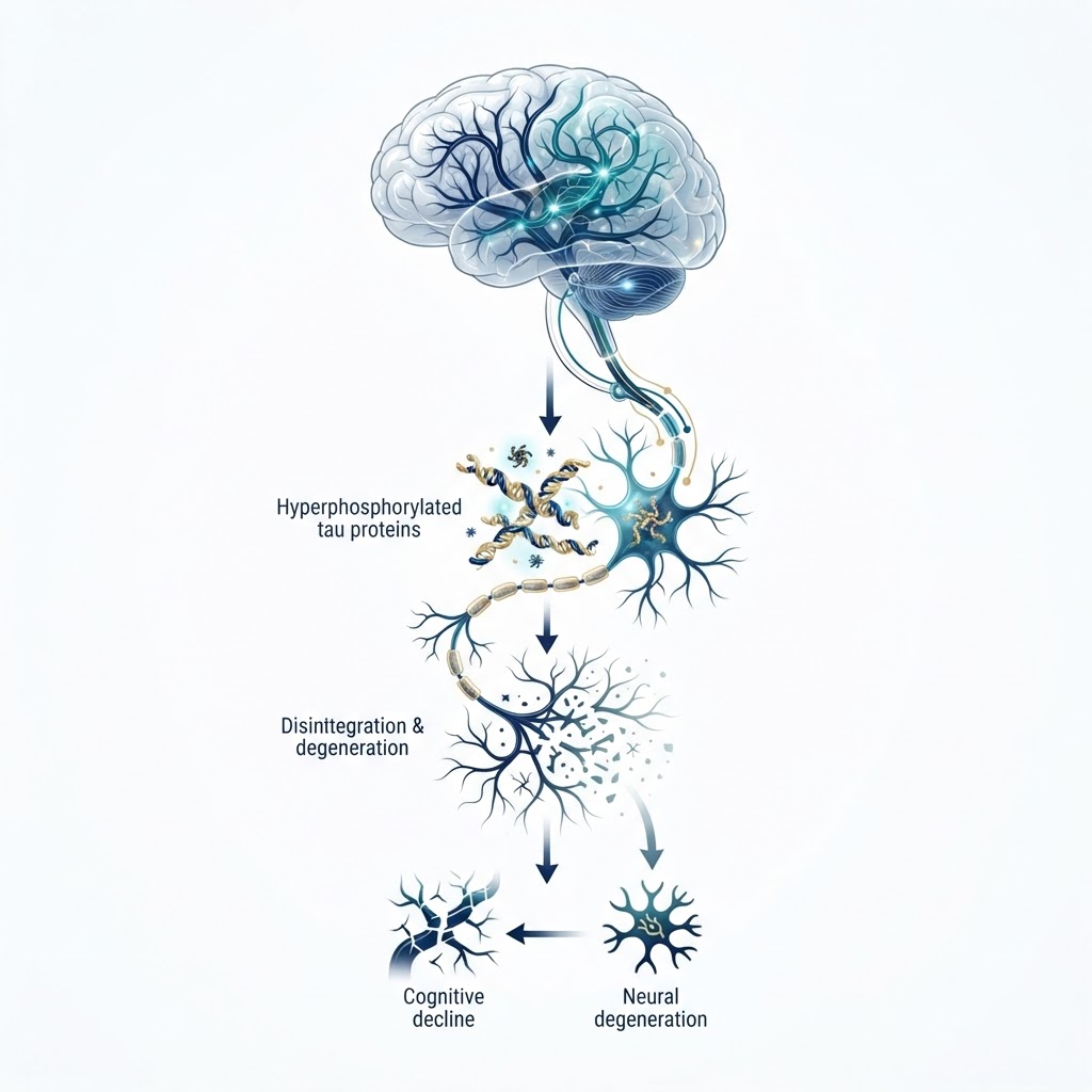 Ilustração científica — proteína tau e redes neuronais na degeneração corticobasal