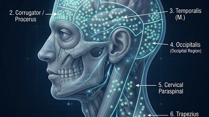 Ilustração anatômica da cabeça e pescoço com as sete regiões do protocolo PREEMPT e terminações nervosas destacadas