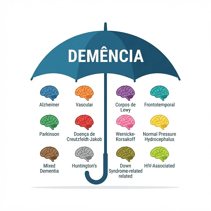 Infográfico: a demência como um guarda-chuva que abrange diferentes tipos de doenças