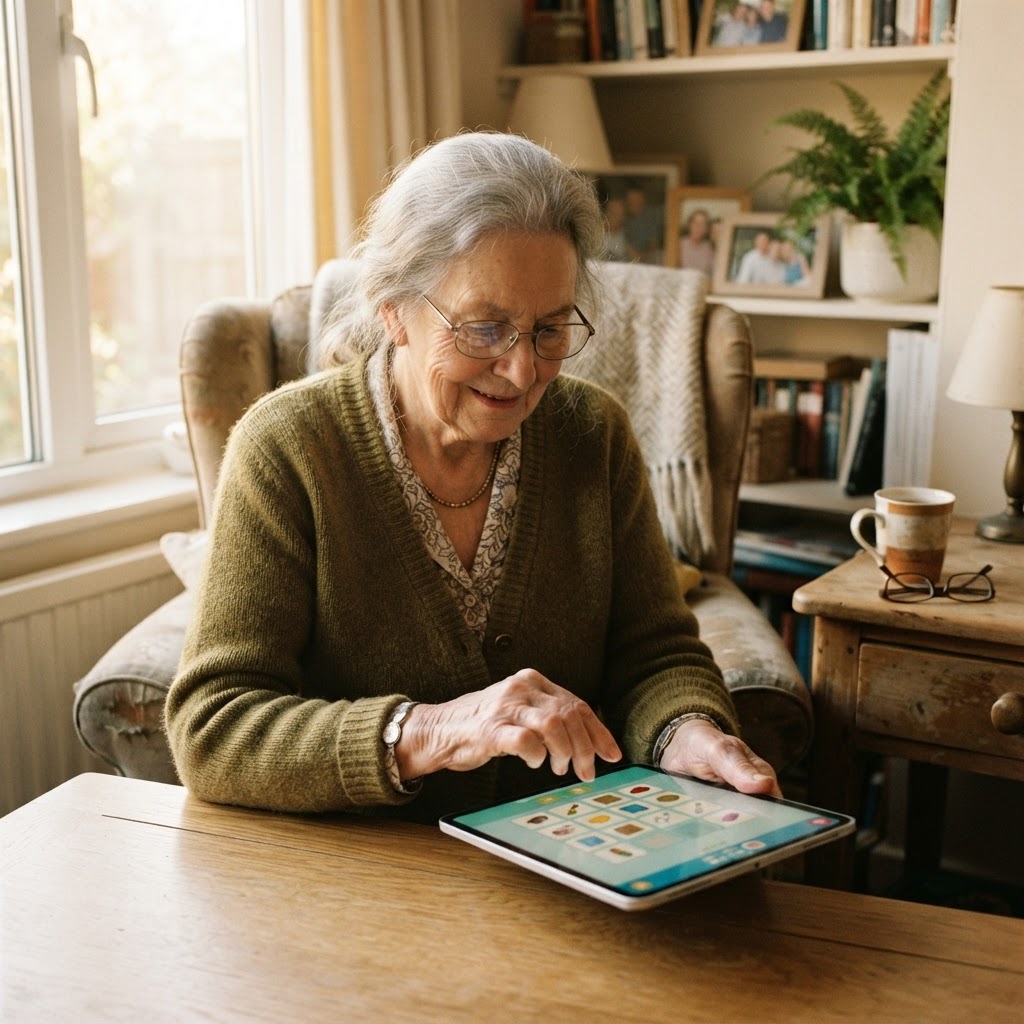 Idoso com tablet fazendo exercício de memória