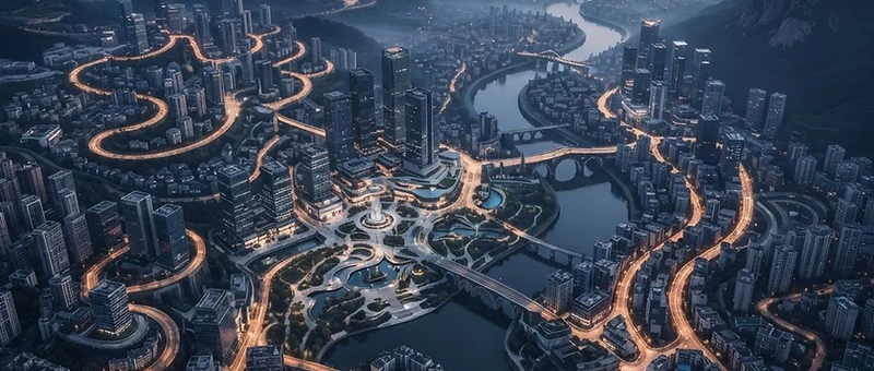 Cidade iluminada vista de cima — o portal da Memory City