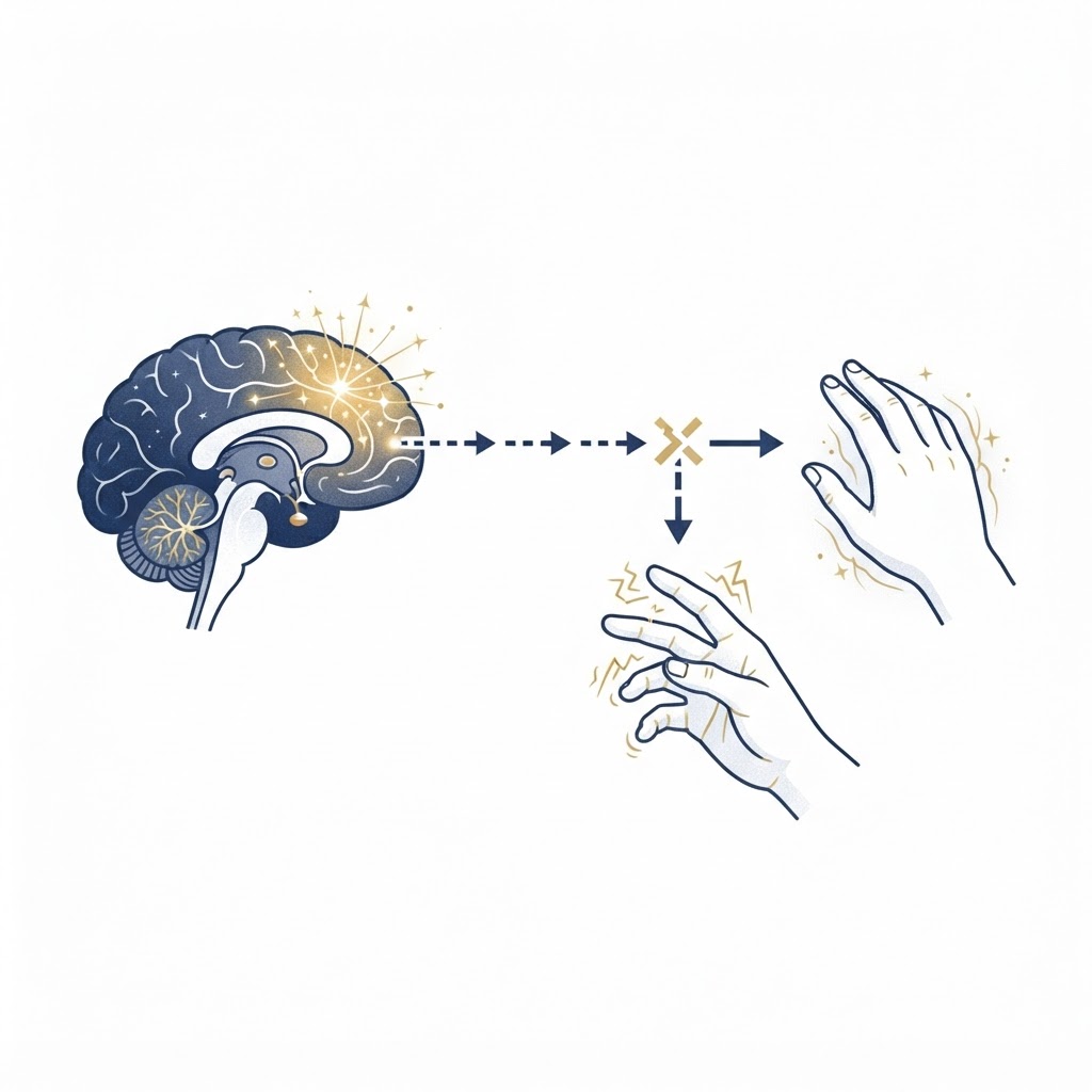 Ilustração médica — apraxia: cérebro, planejamento e execução do movimento