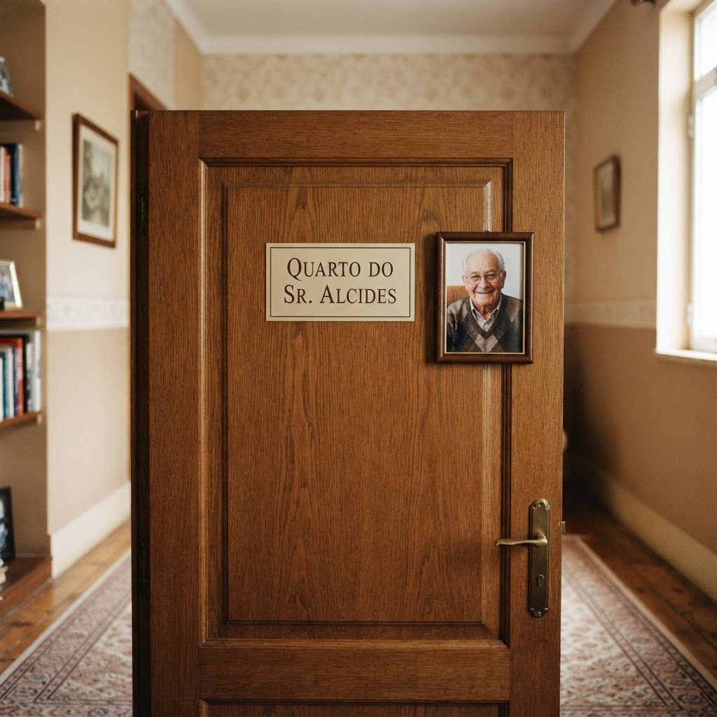 Placa discreta na porta do quarto com a identificação "QUARTO DO SR. ALCIDES" e fotografia do paciente ao lado