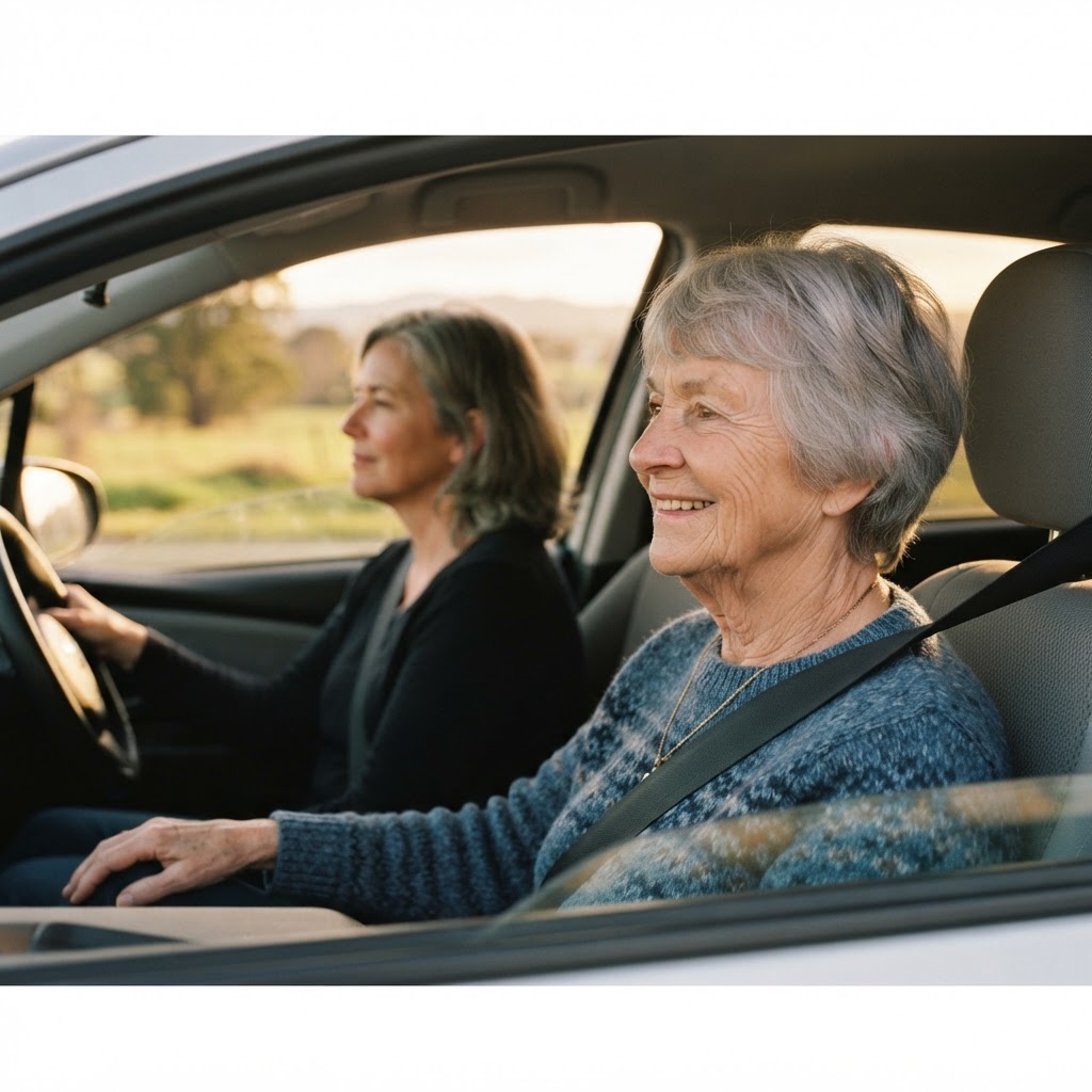 Idoso feliz como passageiro no carro de familiar, cinto de segurança, luz dourada da tarde, expressão serena e contente