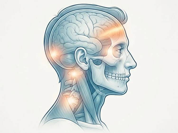 Ilustração médica de uma cabeça com diferentes zonas de dor de cabeça