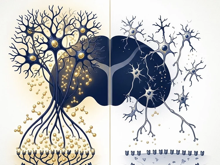 Ilustração de neurônios produtores de dopamina saudáveis e degenerados na substância negra