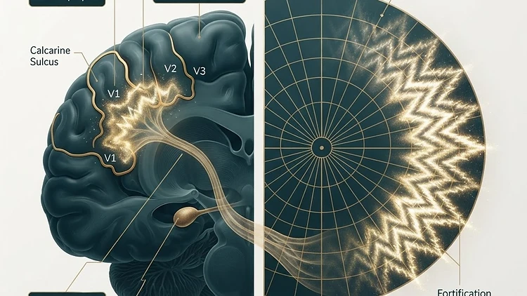 Ilustração clínica da aura visual: escotoma cintilante e espectro de fortificação sobre o campo visual