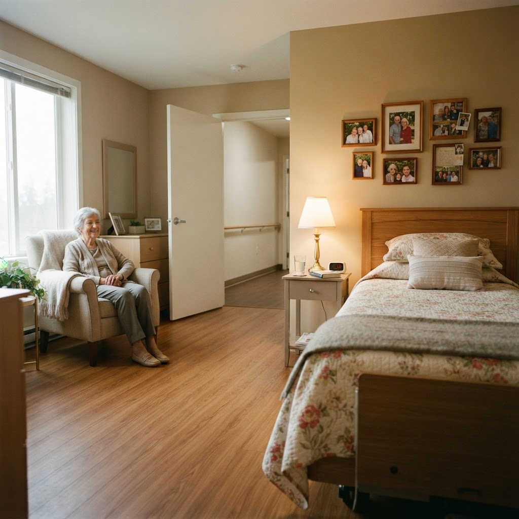 Quarto de idoso seguro: caminho livre, sem tapetes, sem fios no chão, iluminação acessível e mobília mínima