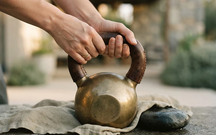 Macro shot of a hand gripping a brass kettlebell beside a linen towel