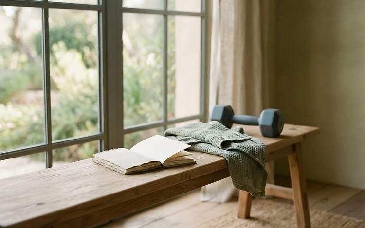 A calm interior with a notebook, linen towel and weight on a bench by a window