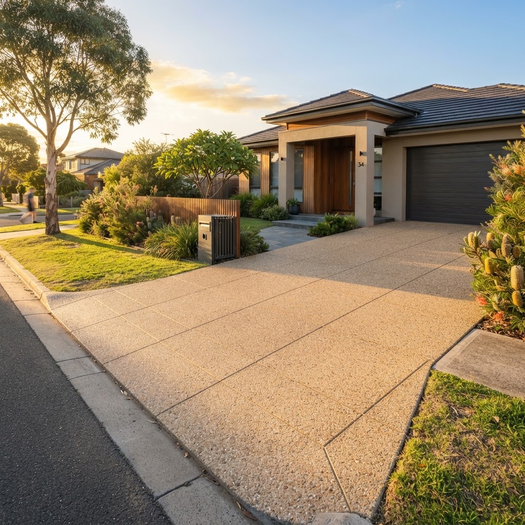 Finished sandstone concrete driveway at a Cranbourne home