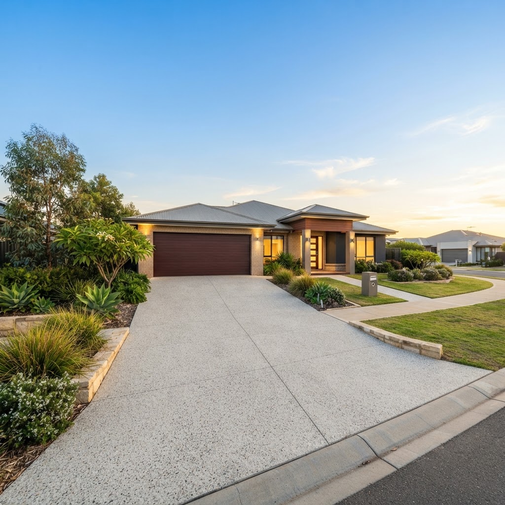 Concrete driveway in front of a modern home