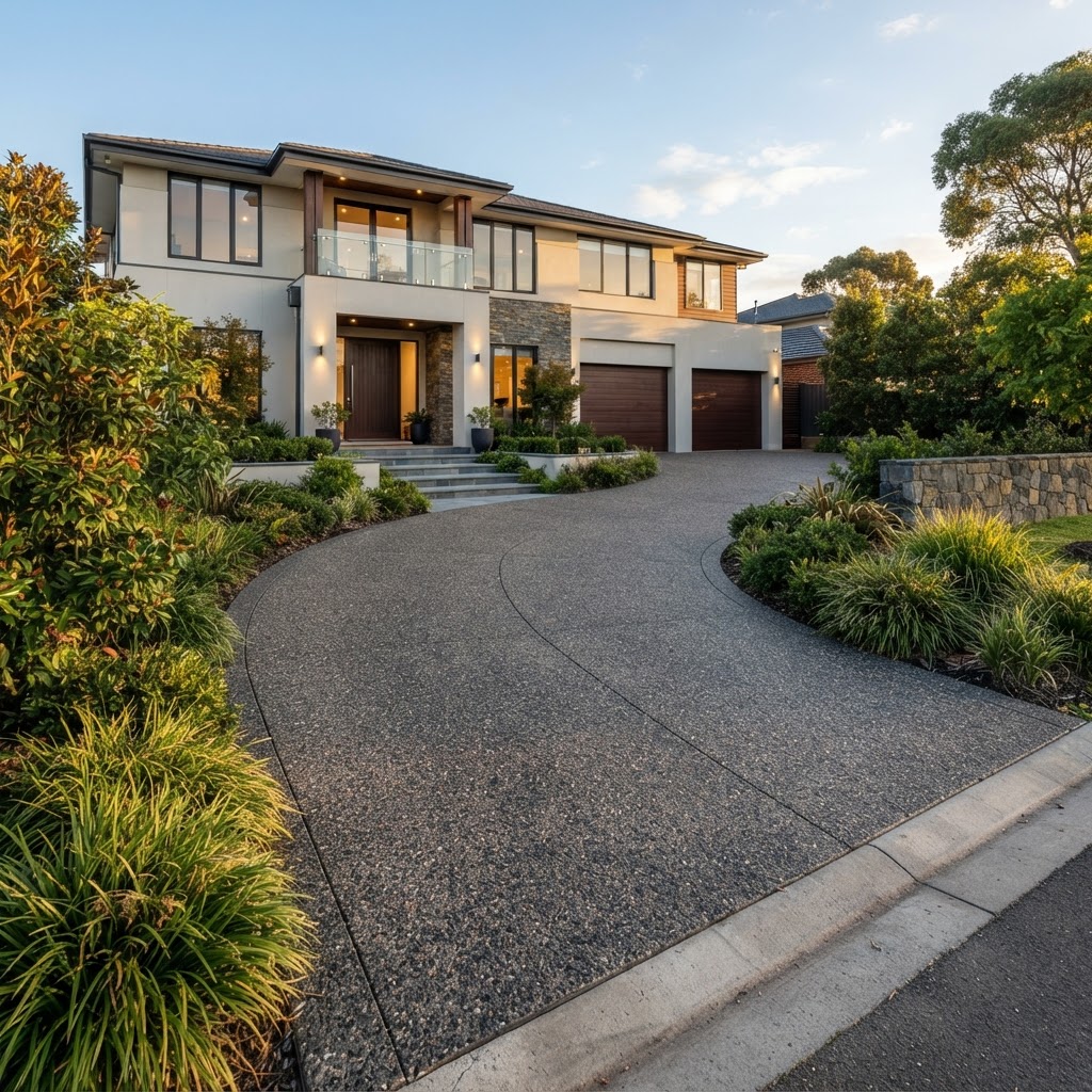 Completed premium exposed aggregate driveway in Berwick