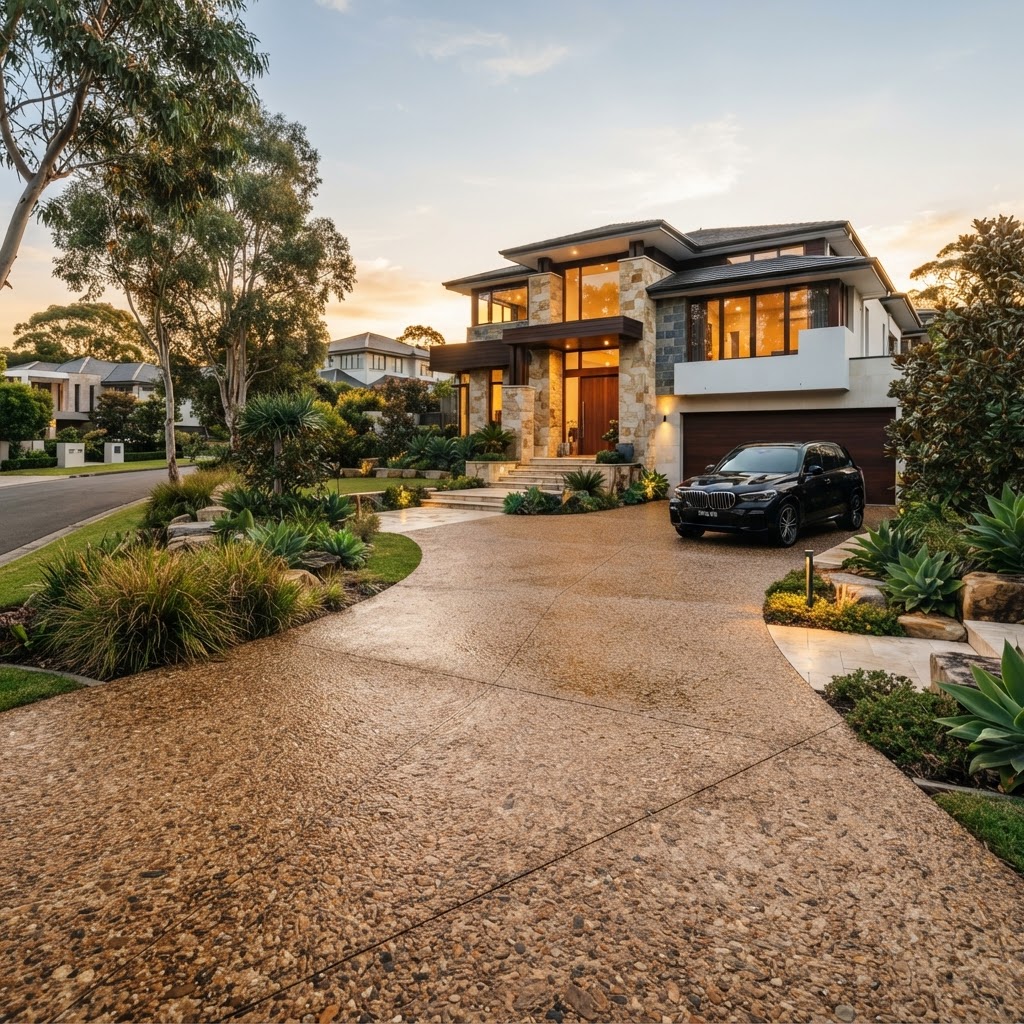 Premium exposed aggregate driveway at an upscale Berwick home