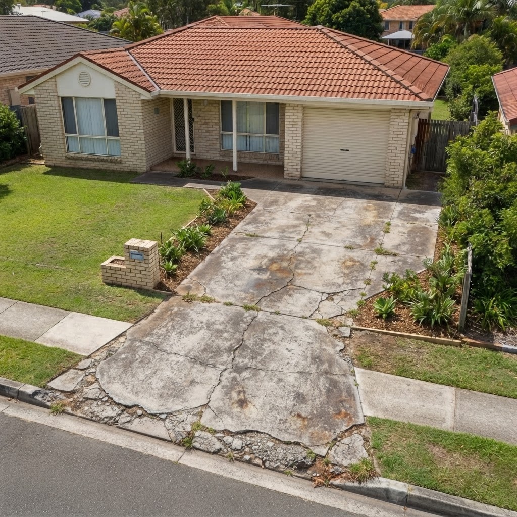 Before: old cracked concrete driveway