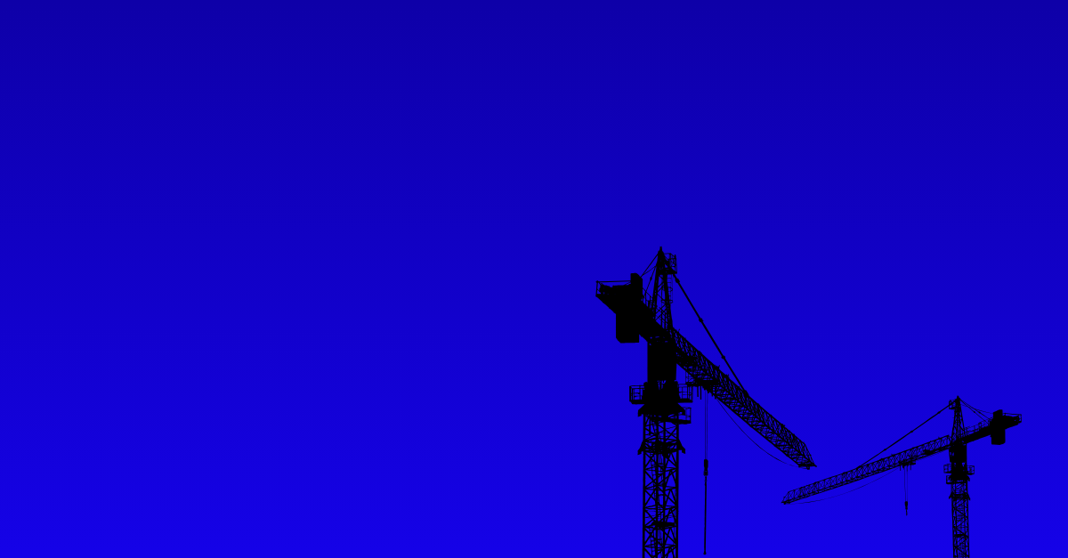 Silhouettes de grues de chantier sur fond bleu, illustrant la publication d'un appel d'offres public de travaux