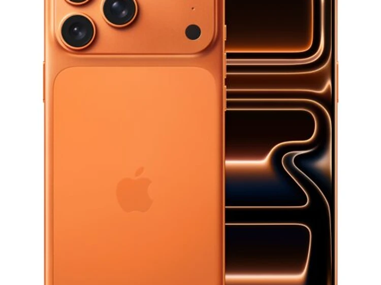 iPhone 17 Pro Max in Cosmic Orange — back and front views with triple-camera system and Dynamic Island display