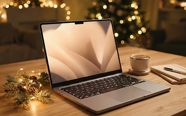 MacBook Pro on a festive desk with warm holiday string lights