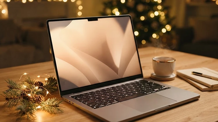 MacBook Pro on a festive desk with warm holiday string lights