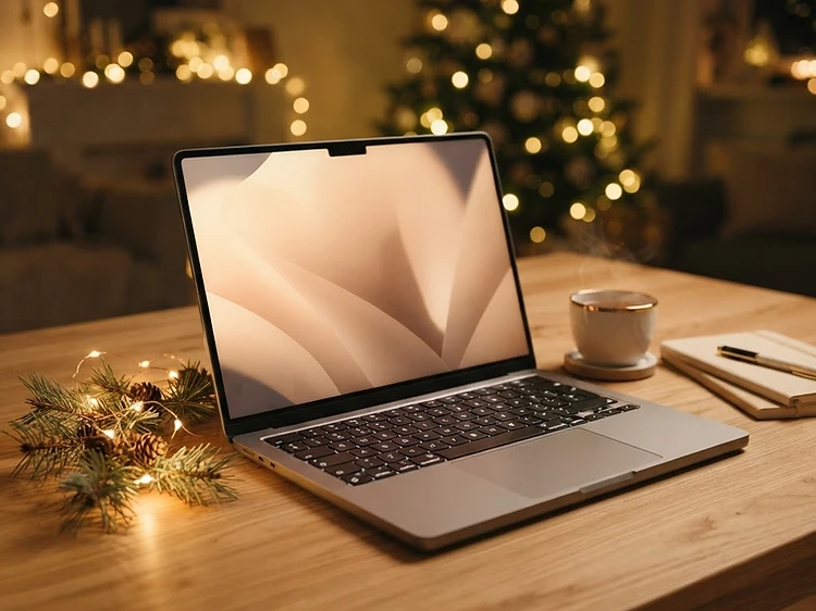 MacBook Pro on a festive desk with warm holiday string lights