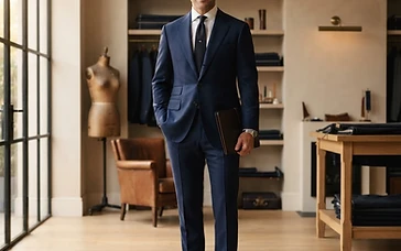 A man in a tailored navy Kahlon business suit in a menswear atelier